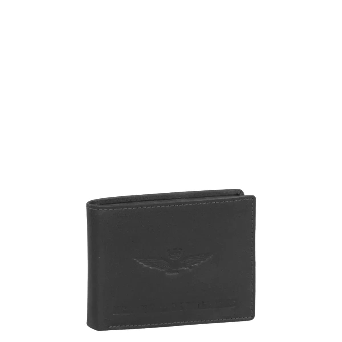 Portafoglio uomo nero in pelle con logo impresso e cuciture a vista, accessorio elegante