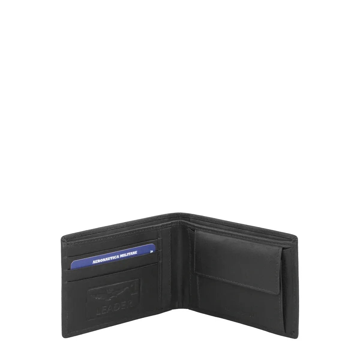Portafoglio uomo nero in pelle, interno con scomparti per carte e monete, stile elegante