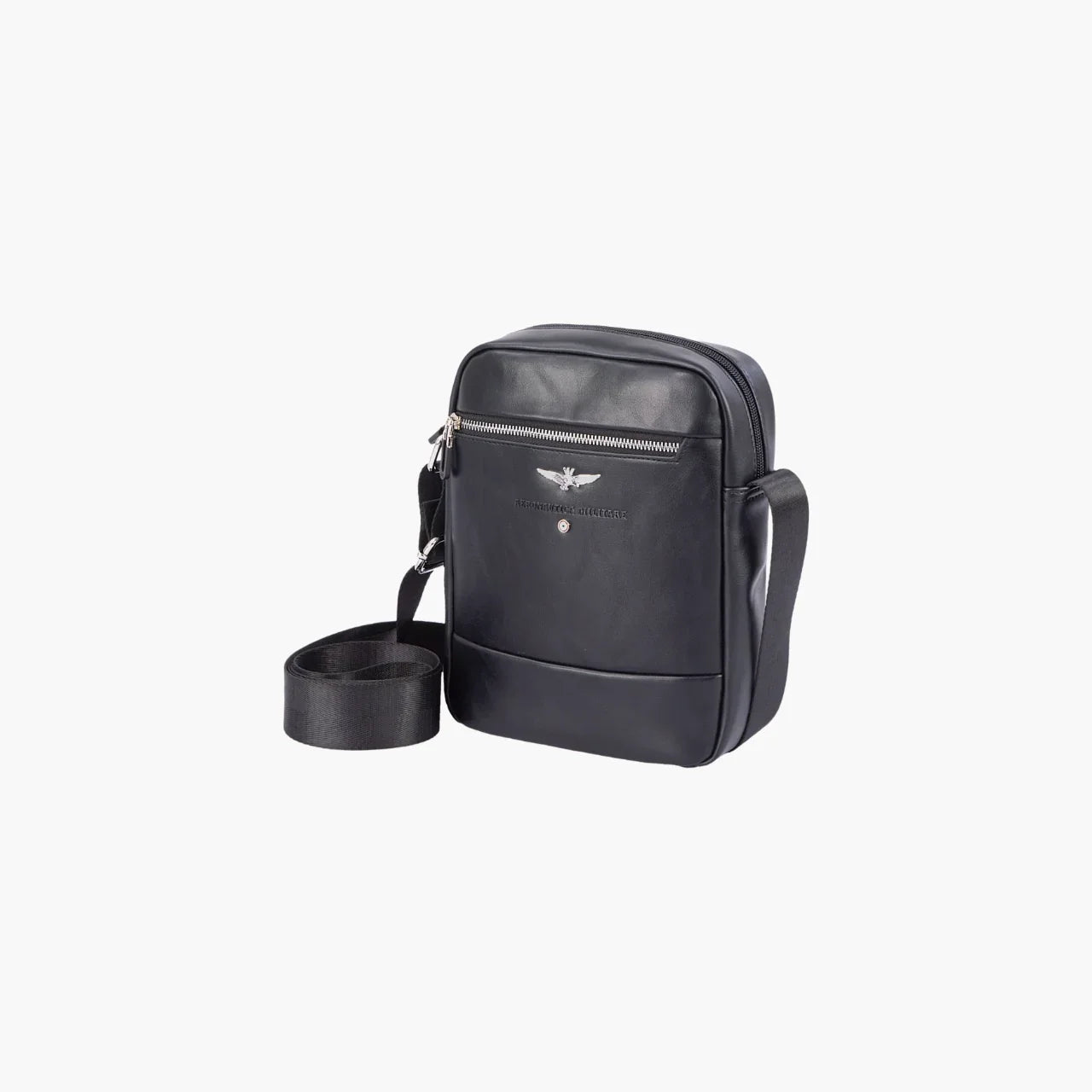 Tracolla uomo nera in pelle con logo e zip frontale, stile elegante e moderno.