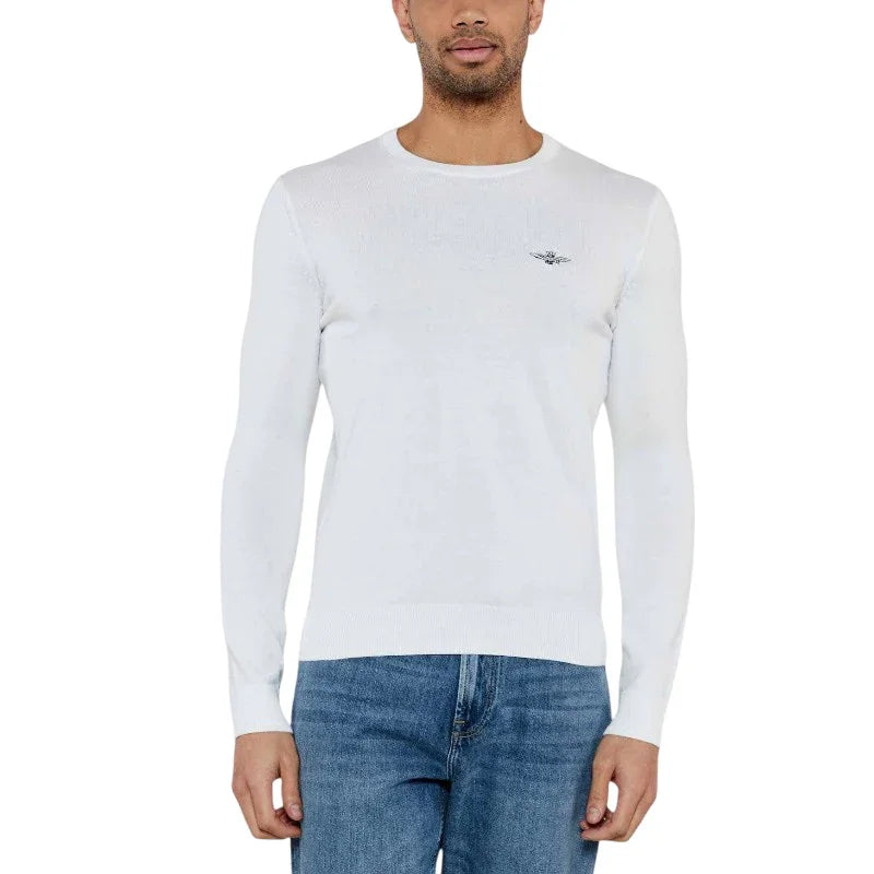 Maglia girocollo uomo bianca manica lunga, logo sul petto, abbigliamento casual elegante