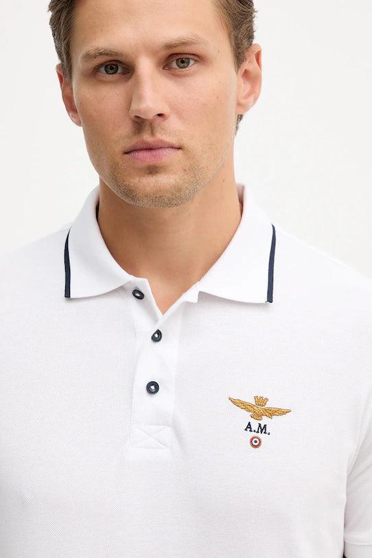 Polo bianca uomo in cotone con profili scuri e logo ricamato sul petto, stile casual