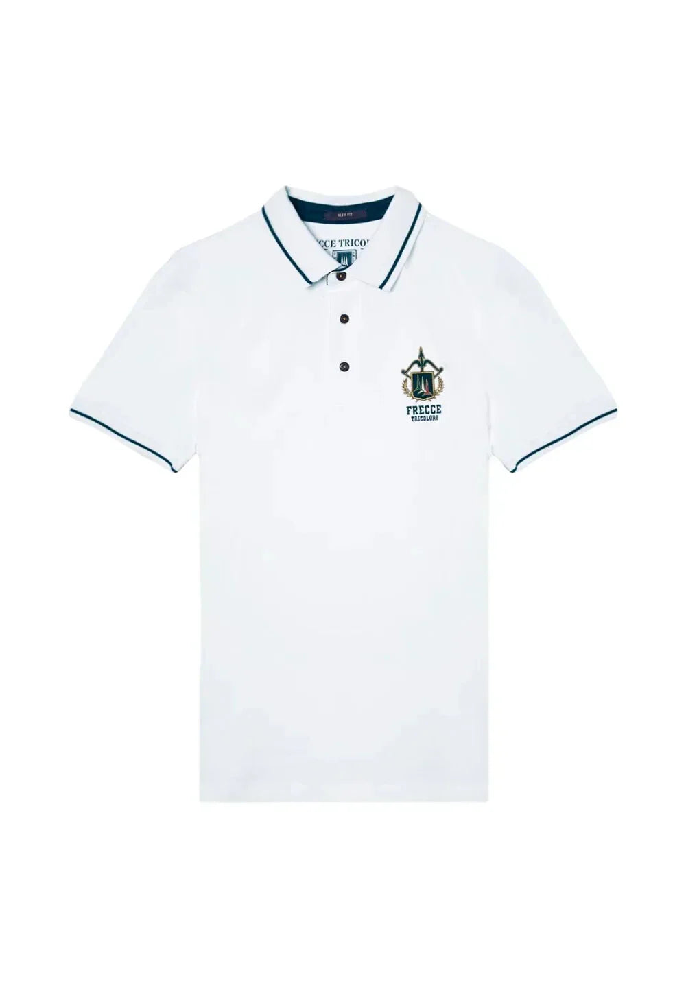Polo uomo bianca in cotone con ricamo Frecce Tricolori e profili blu sul colletto e maniche.