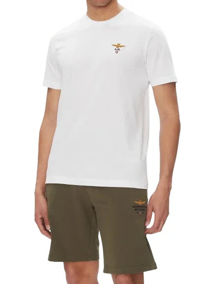 T-shirt bianca basic uomo con logo ricamato sul petto, abbigliamento casual estivo