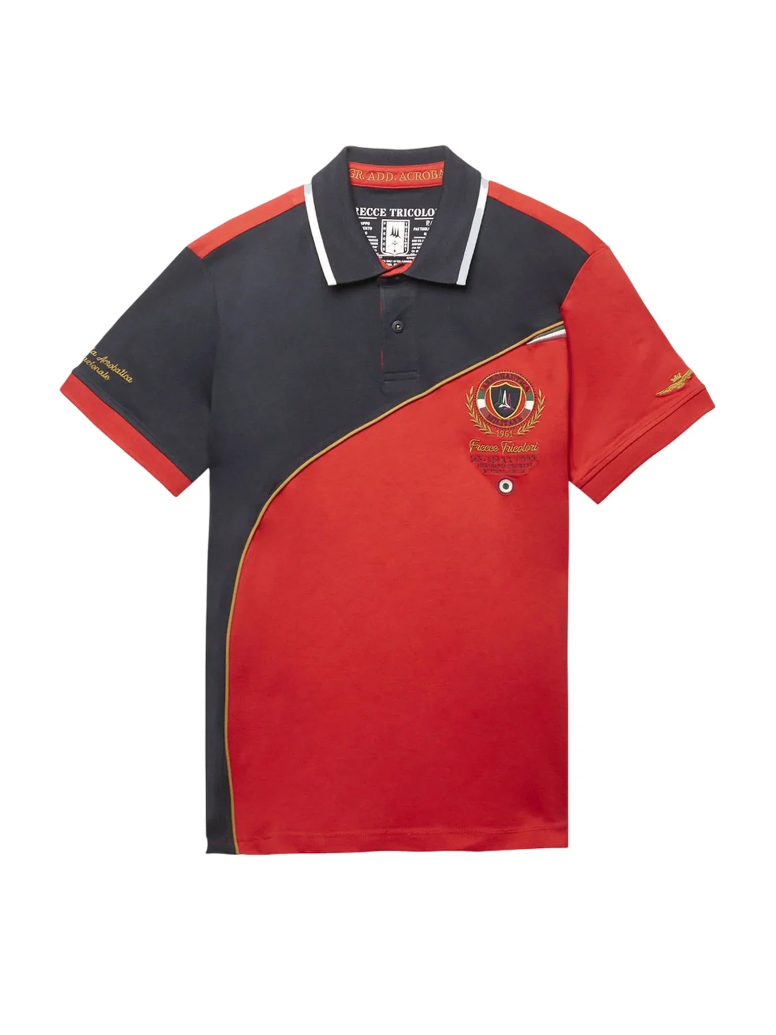Polo uomo cotone, bicolore rosso e blu, dettagli ricamati e logo sul petto.