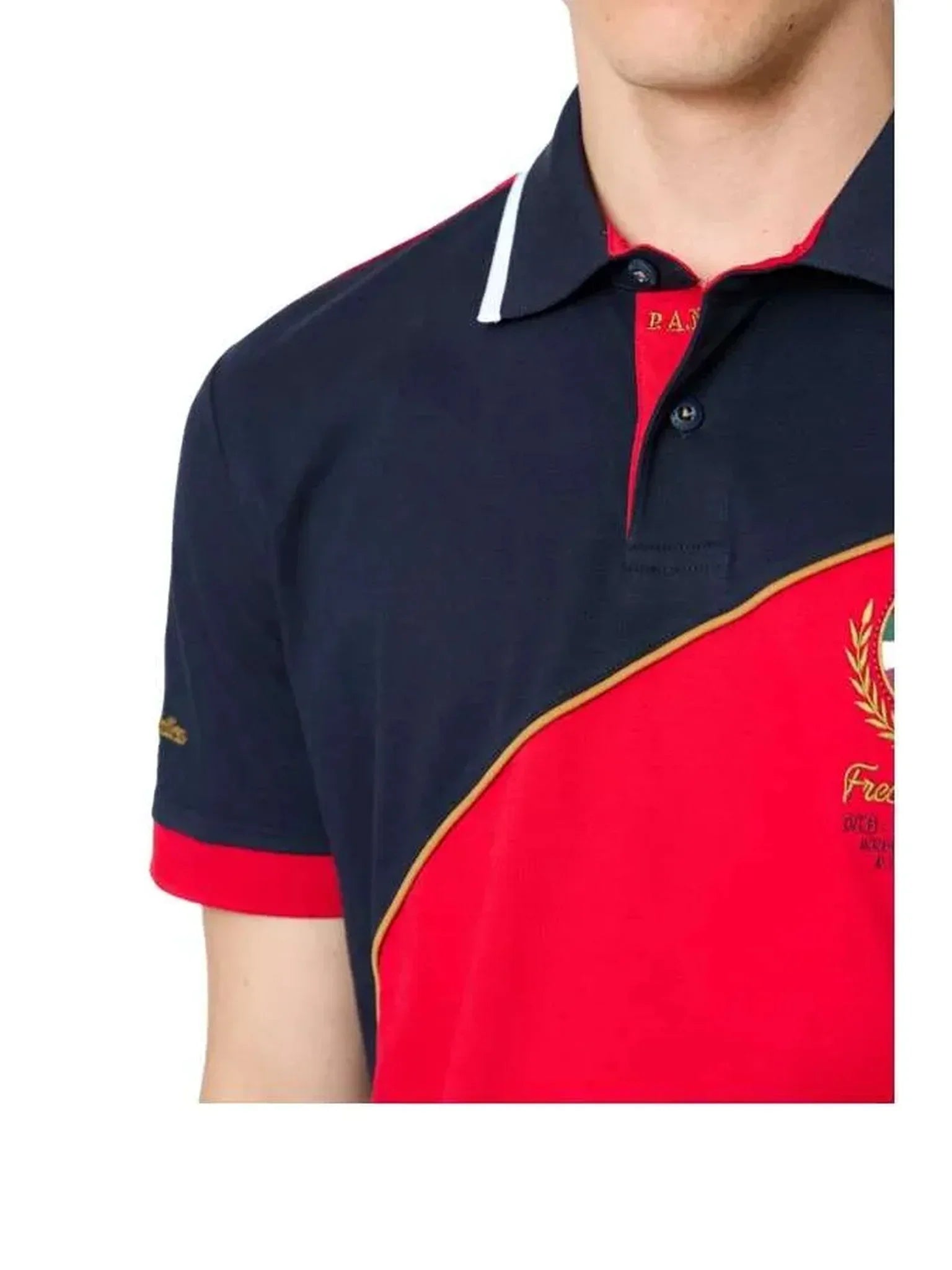 Polo uomo mezza manica in cotone blu e rosso con dettagli ricamati, stile casual elegante