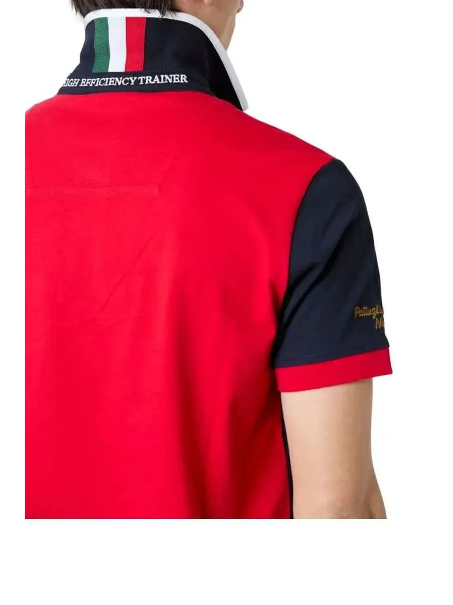 Polo uomo cotone rosso e blu, colletto alto con bandiera italiana e scritta, manica corta