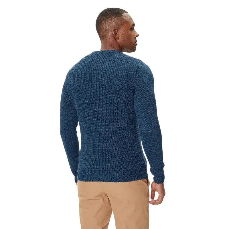 Maglione uomo blu in lana merino girocollo, stile casual, vista posteriore
