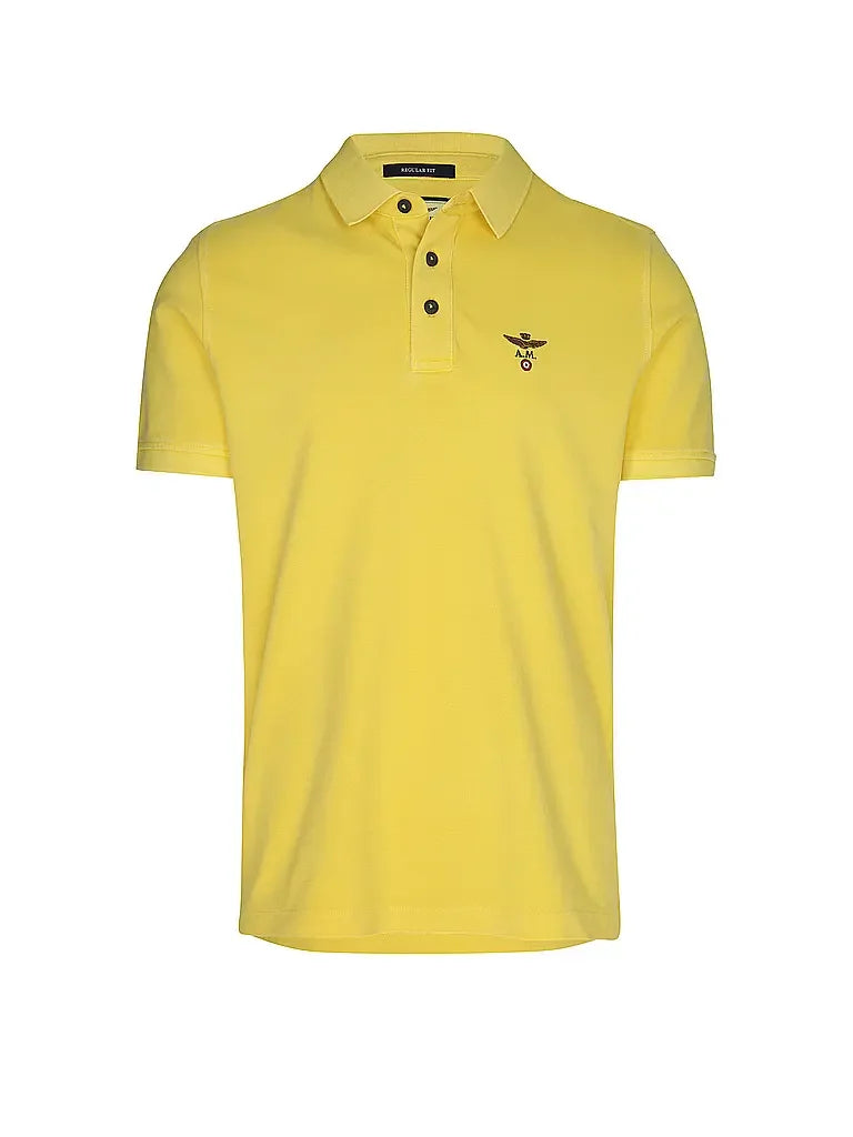 Polo uomo gialla manica corta con logo ricamato sul petto, stile casual elegante.