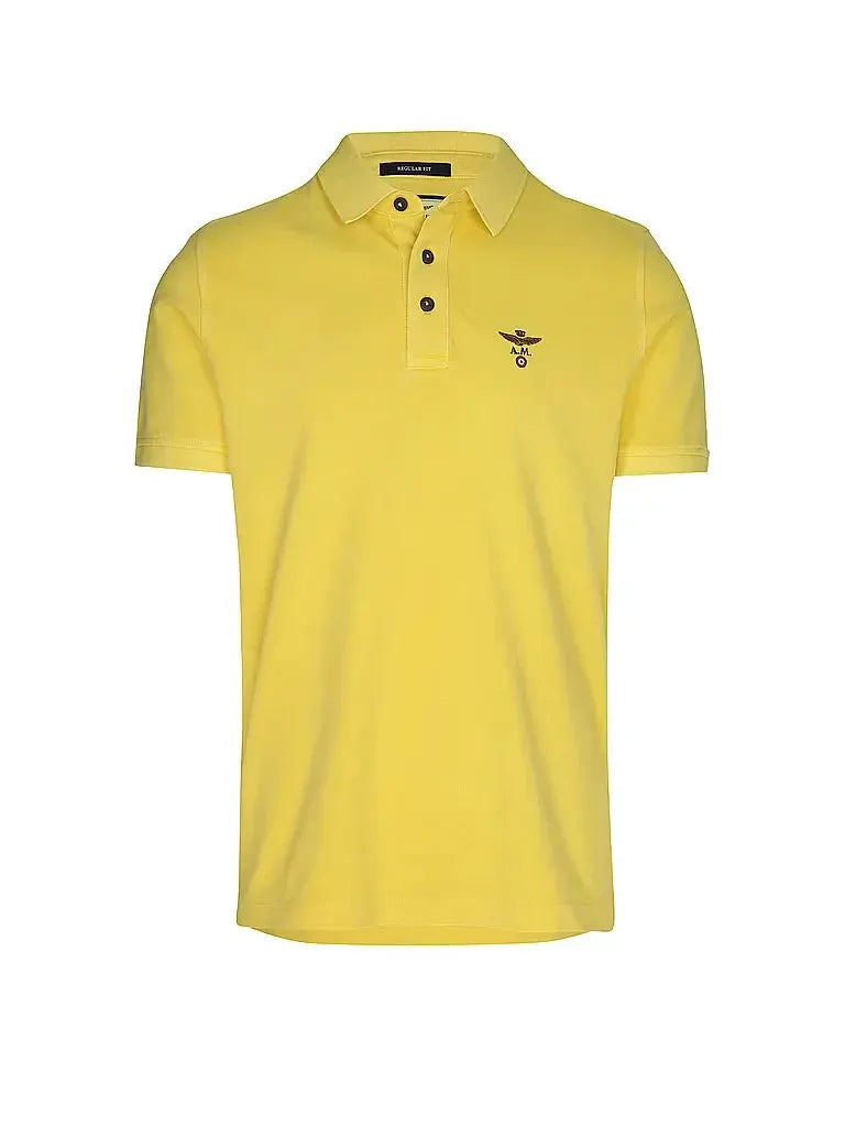 Polo uomo gialla manica corta con logo ricamato sul petto, stile casual elegante.