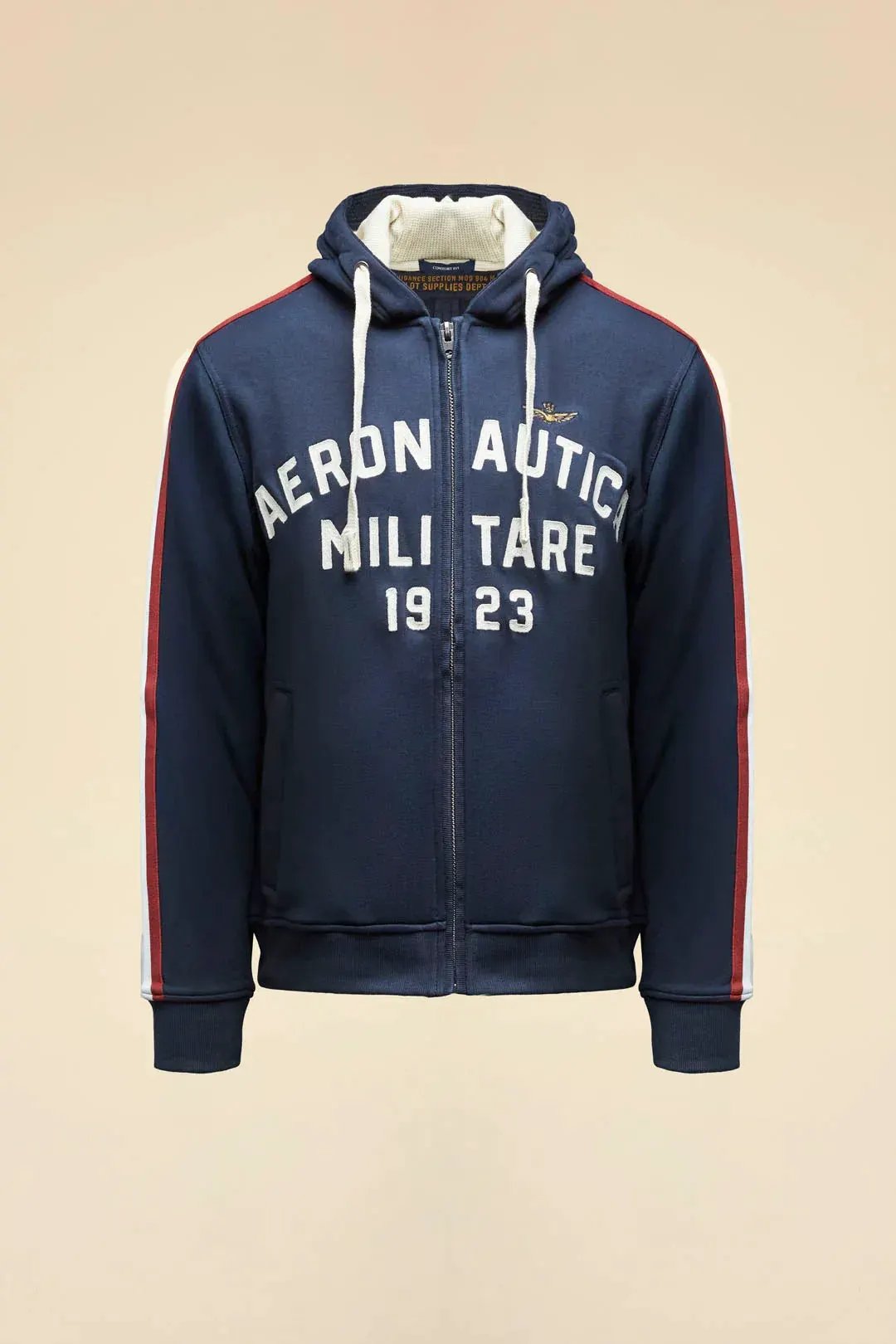Felpa uomo Aeronautica Militare blu navy con zip, scritta bianca "1923" e bande tricolore rosse e bianche sulle maniche.