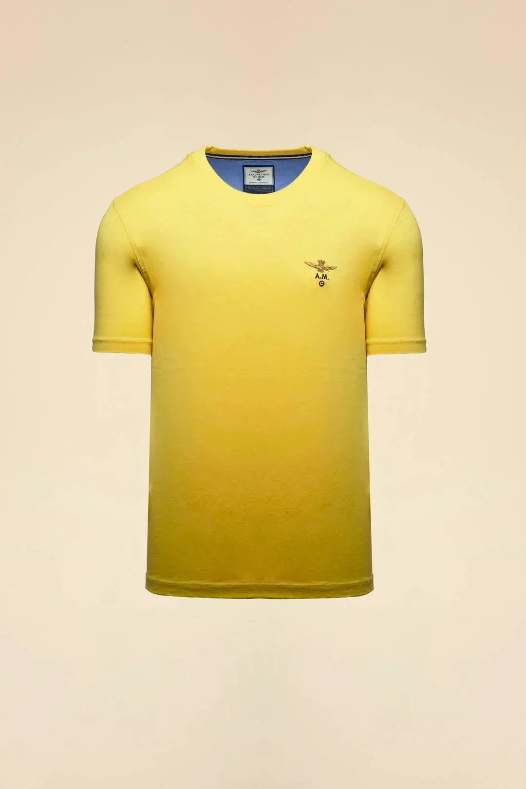 T-shirt uomo giallo a maniche corte con scollo tondo e logo ricamato sul petto