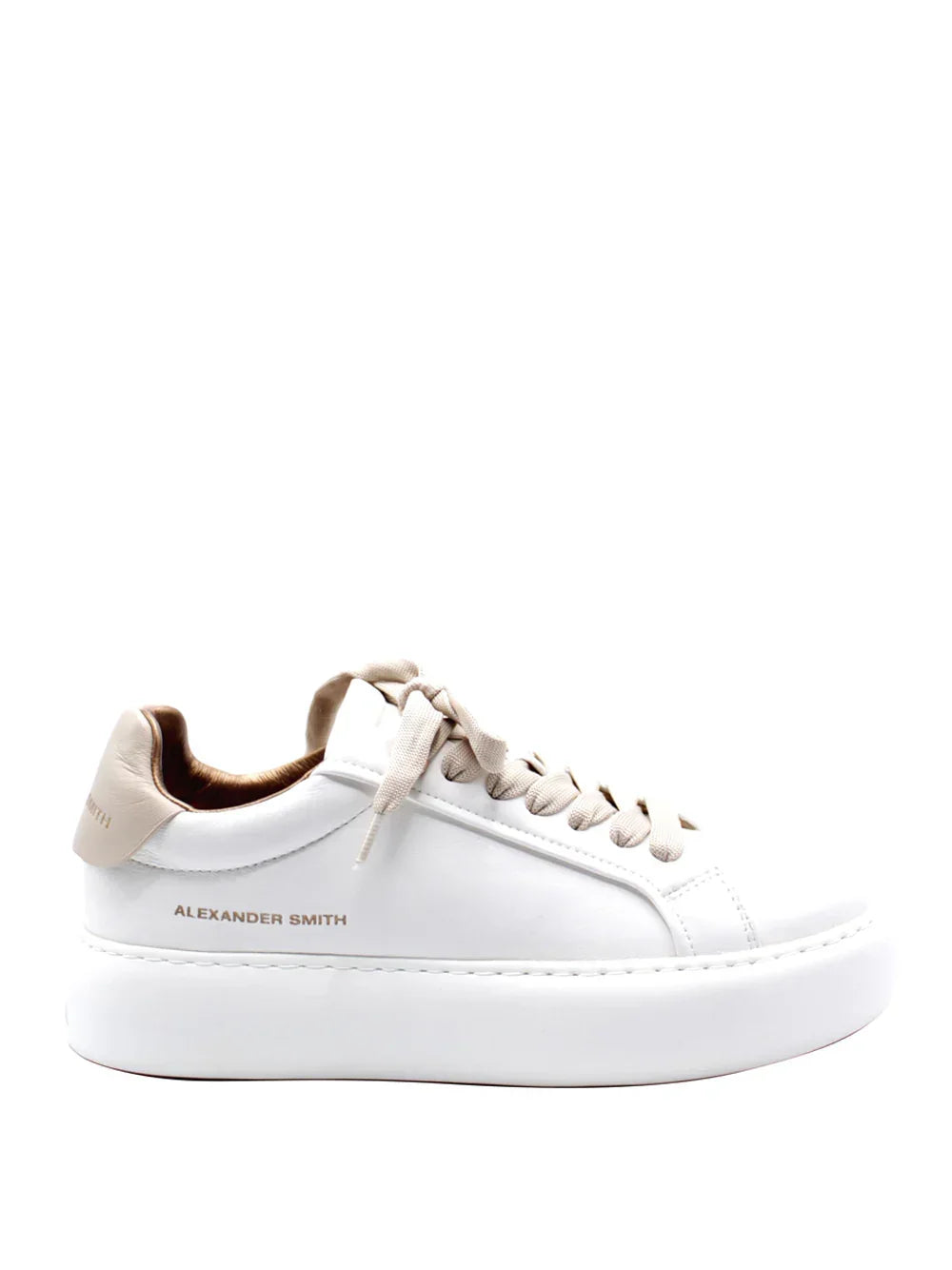 Sneaker donna bianca e beige con suola alta e dettagli nude, stile moderno e minimal