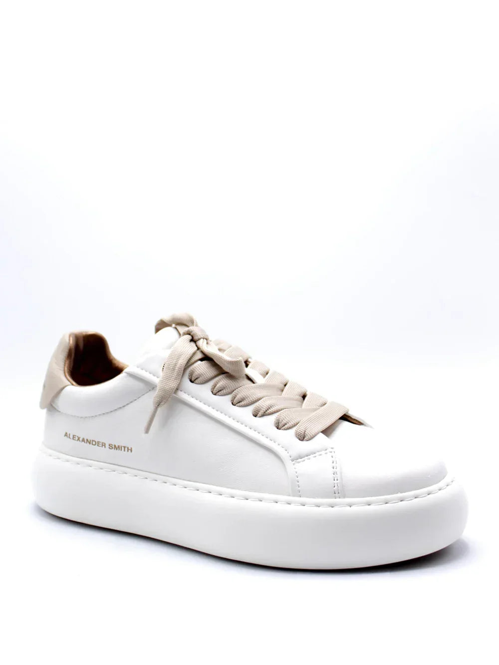 Sneaker donna bianca con dettagli beige, suola alta e lacci beige, stile moderno