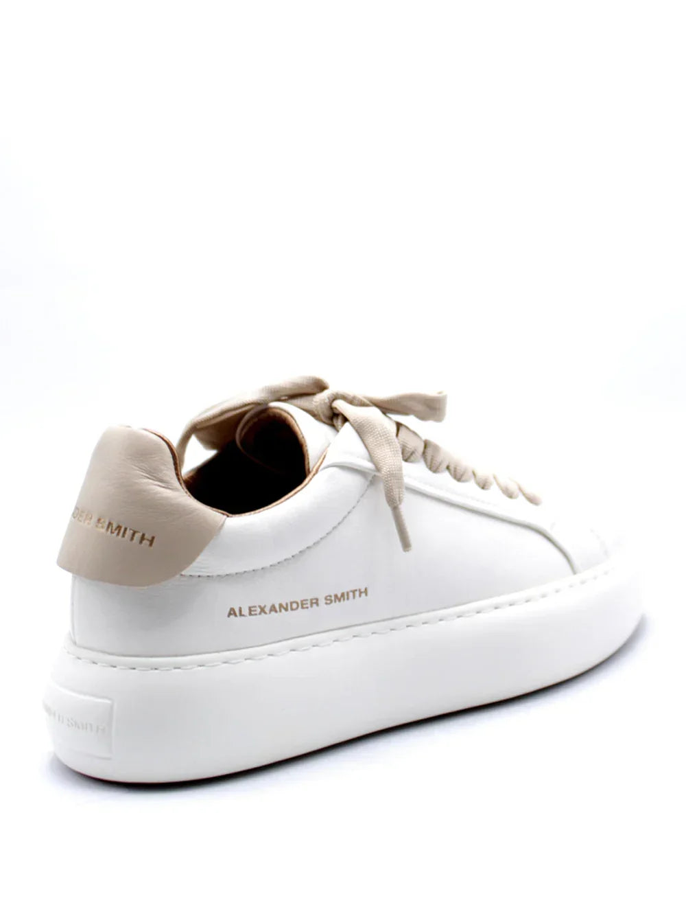 Sneaker donna bianca e beige con suola alta, dettagli beige e logo Alexander Smith laterale.
