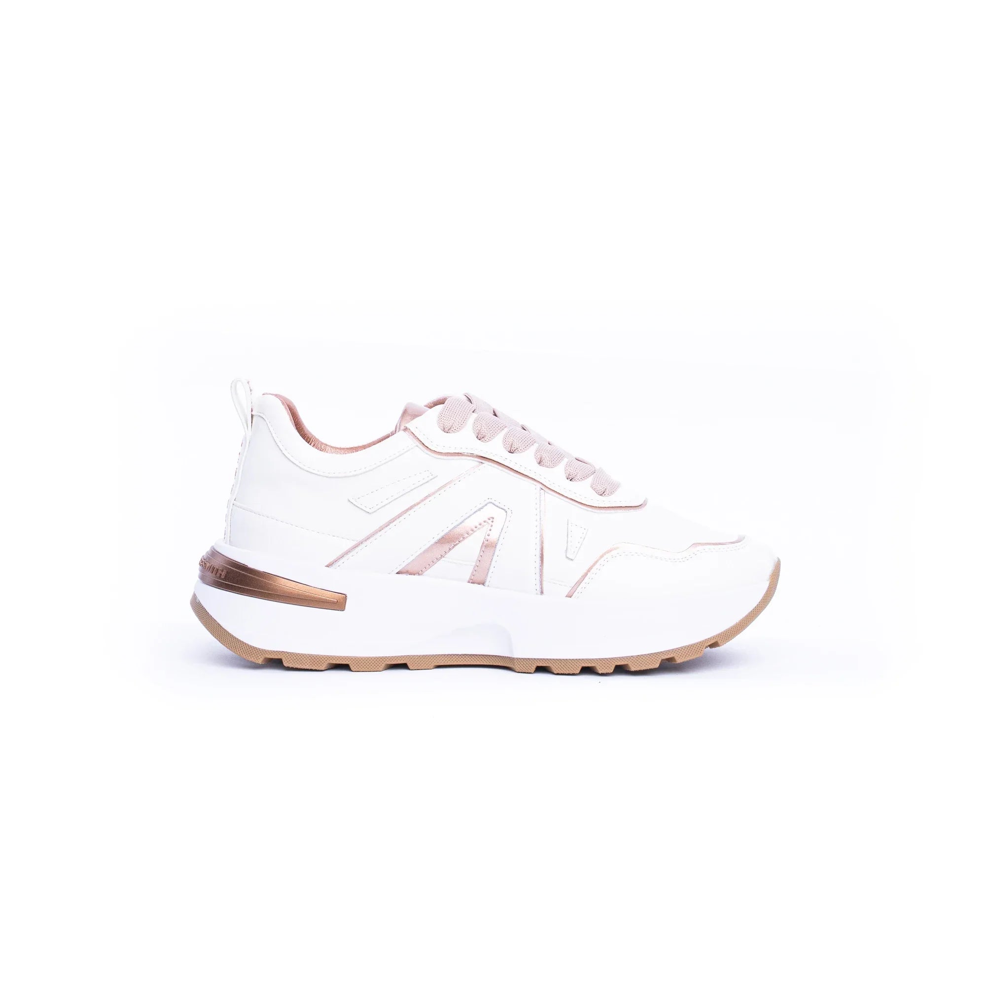 Sneaker donna bianca con dettagli rame e suola platform in gomma, vista laterale