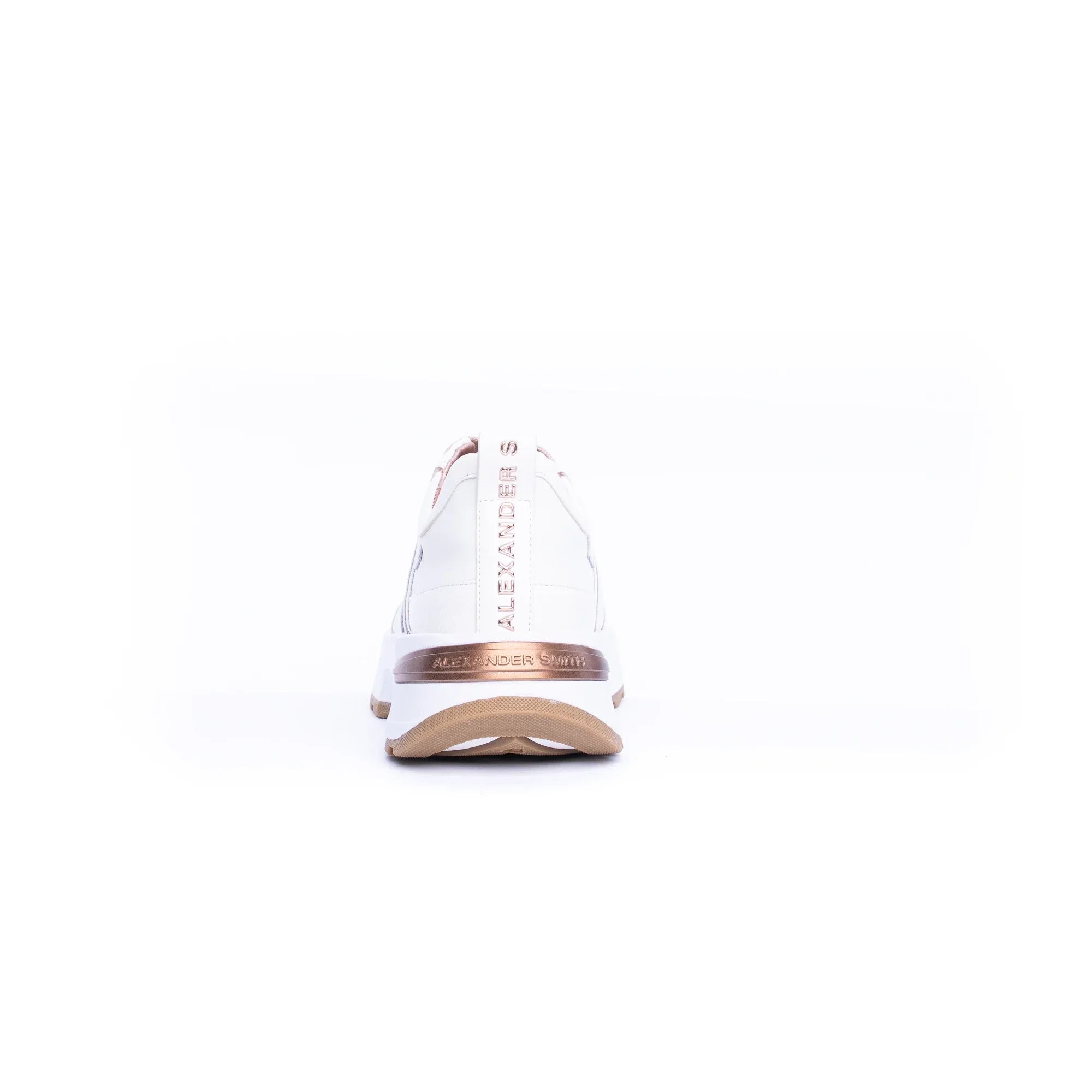 Sneaker donna bianca con dettagli rame e suola alta, vista posteriore, moda calzature
