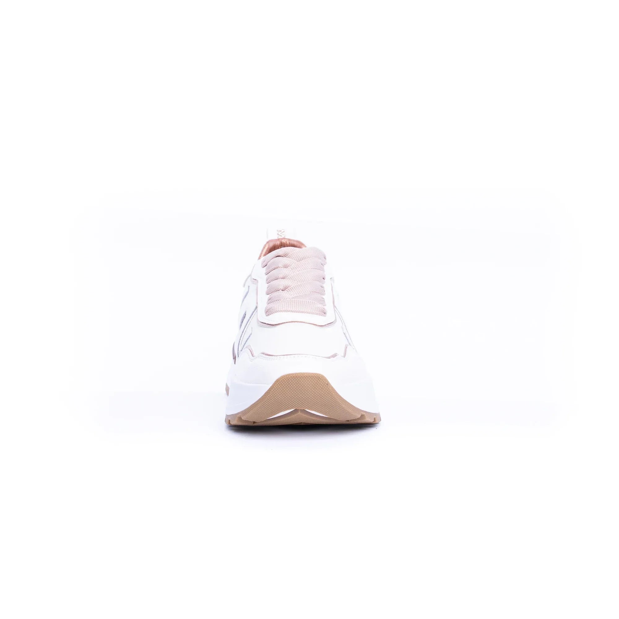 Sneaker donna bianca con dettagli rame, suola alta beige, vista frontale su sfondo bianco