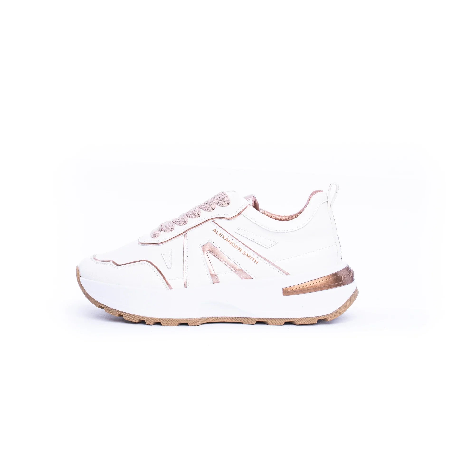 Sneaker donna bianca con dettagli rame e suola alta, stile moderno e sportivo.