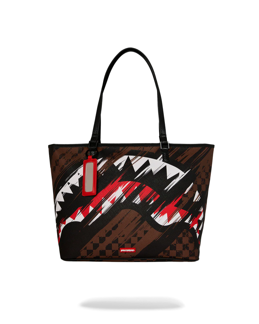 Borsa tote donna marrone con stampa grafica astratta, dettagli rossi e manici neri.