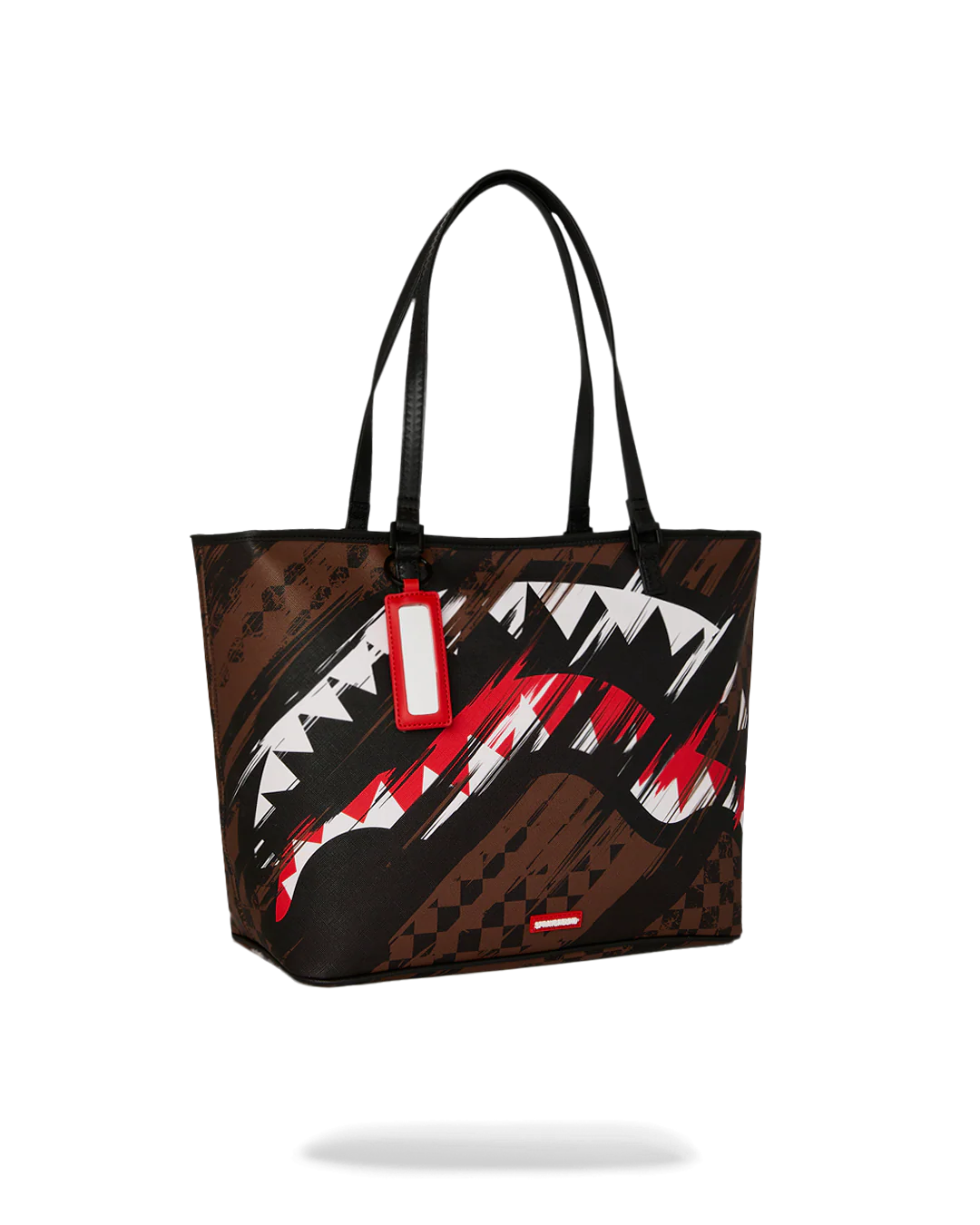 Borsa shopper donna in pelle marrone con stampa grafica astratta, doppio manico nero