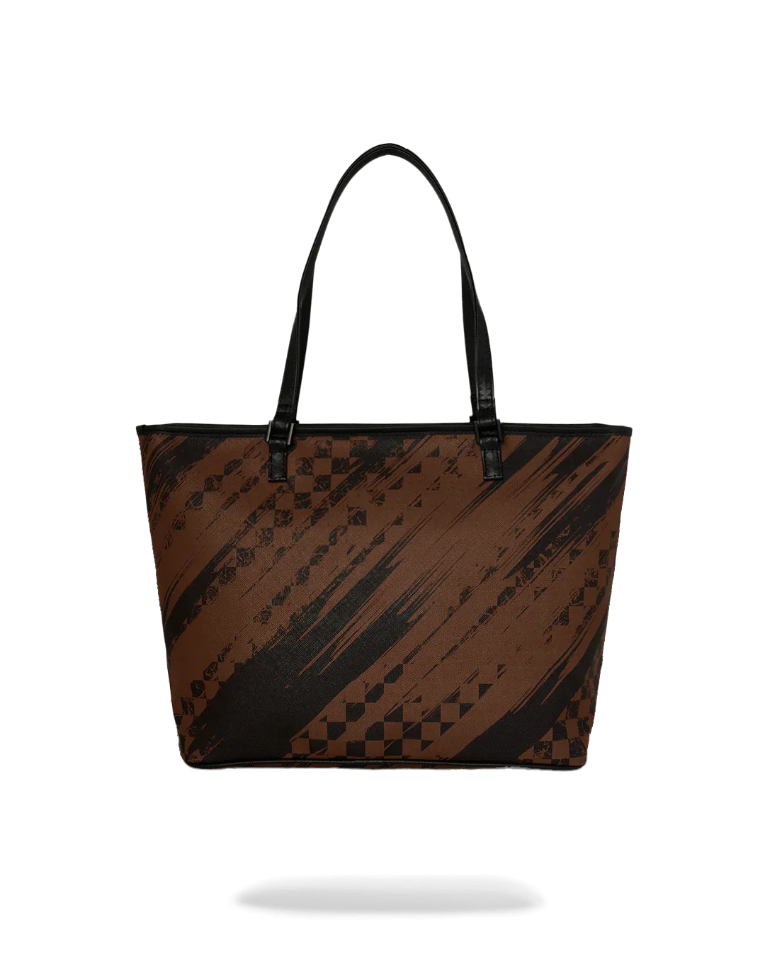 Borsa shopper marrone con motivo geometrico nero e manici neri, moda uomo donna