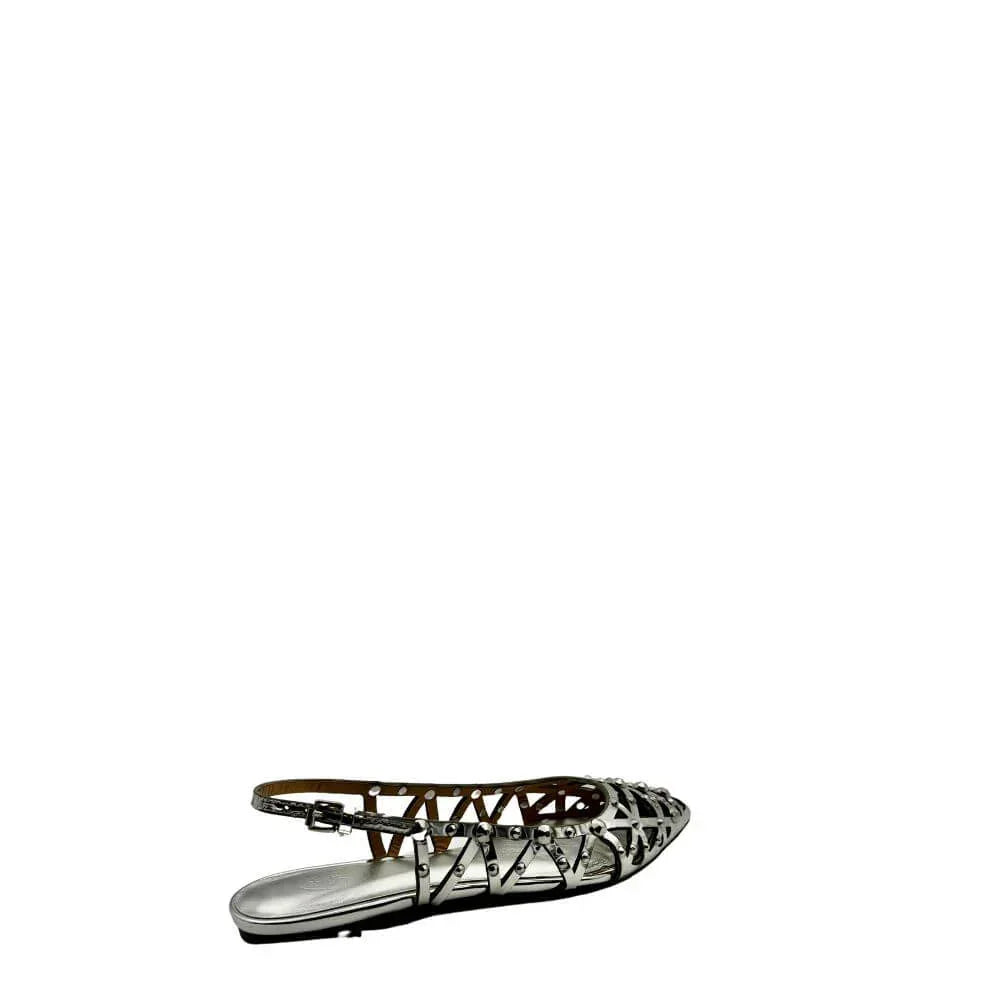 Scarpa donna argento a punta slingback con cinturino e dettagli intrecciati, moda elegante