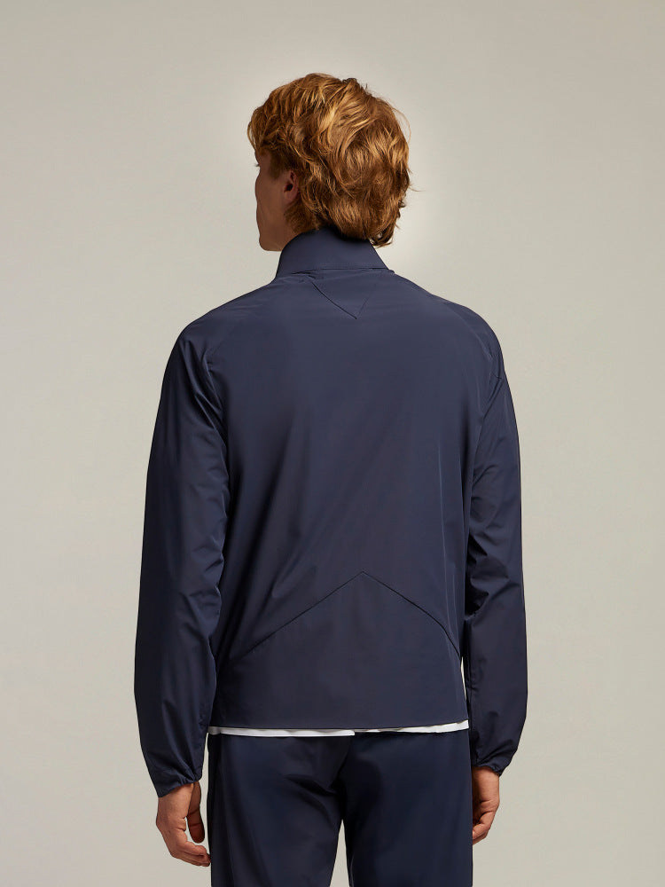 Giacca uomo blu navy leggera vista posteriore, abbigliamento elegante moderno