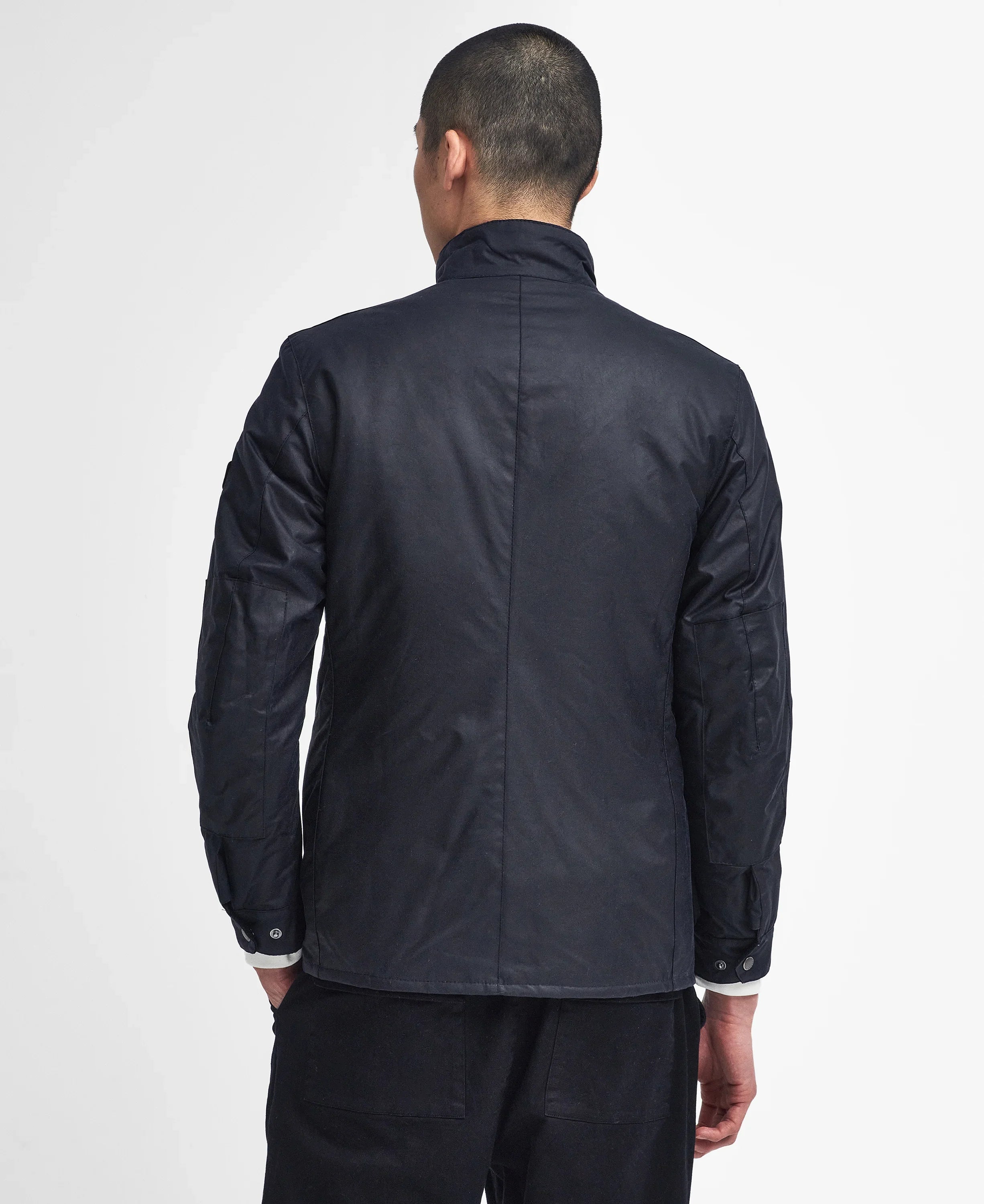 Giacca cerata blu navy da uomo vista posteriore, stile casual elegante, maniche lunghe