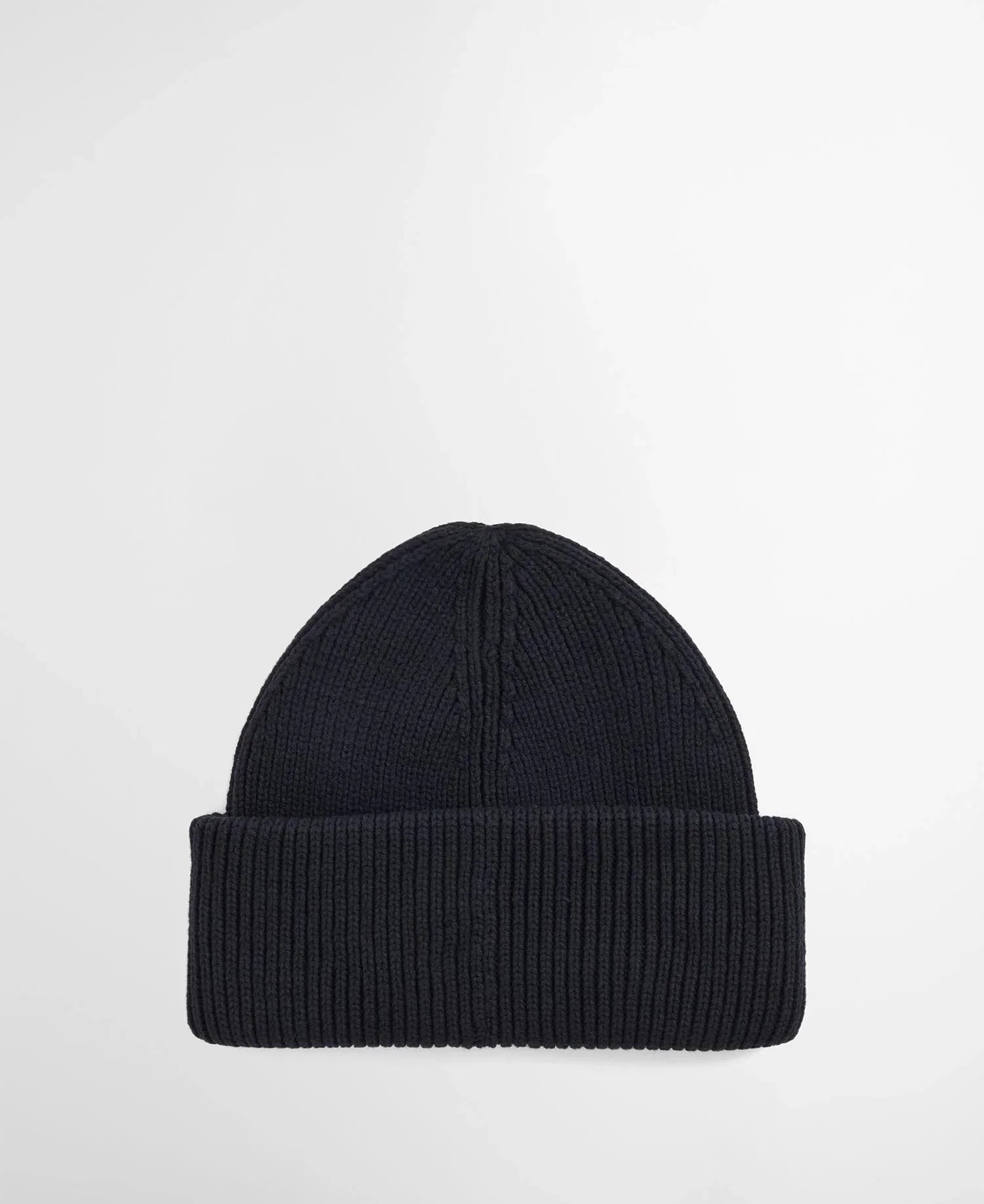 Berretto blu navy in lana a coste, risvolto ampio, stile casual uomo donna.
