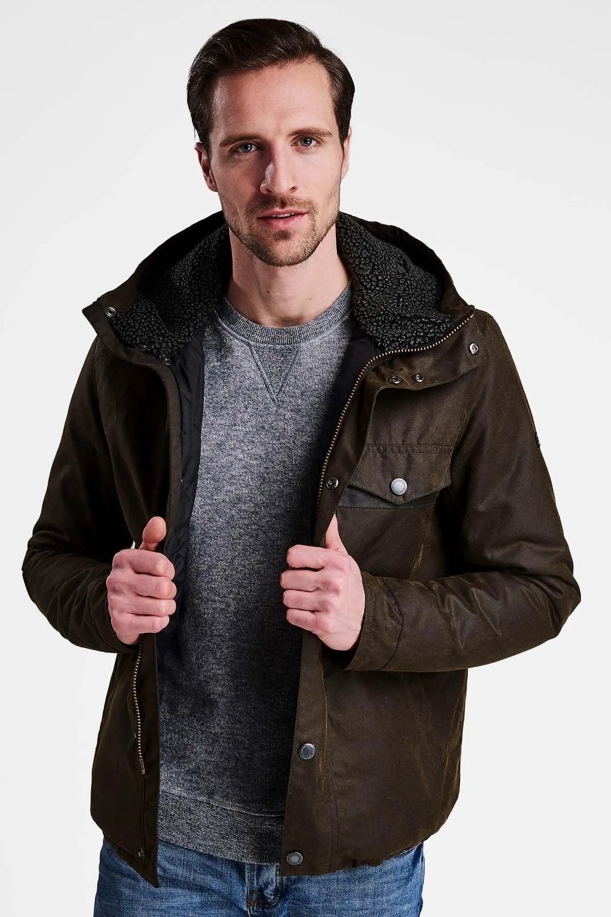 Giacca cerata verde da uomo con fodera in pile, chiusura zip e bottoni, stile casual
