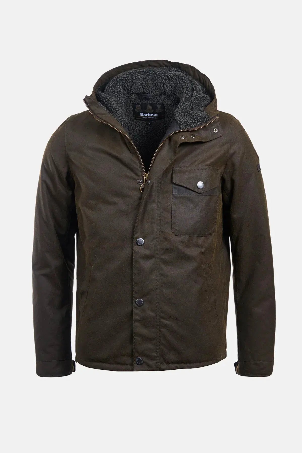 Giacca uomo verde scuro in tessuto cerato con cappuccio e fodera in pile, stile casual