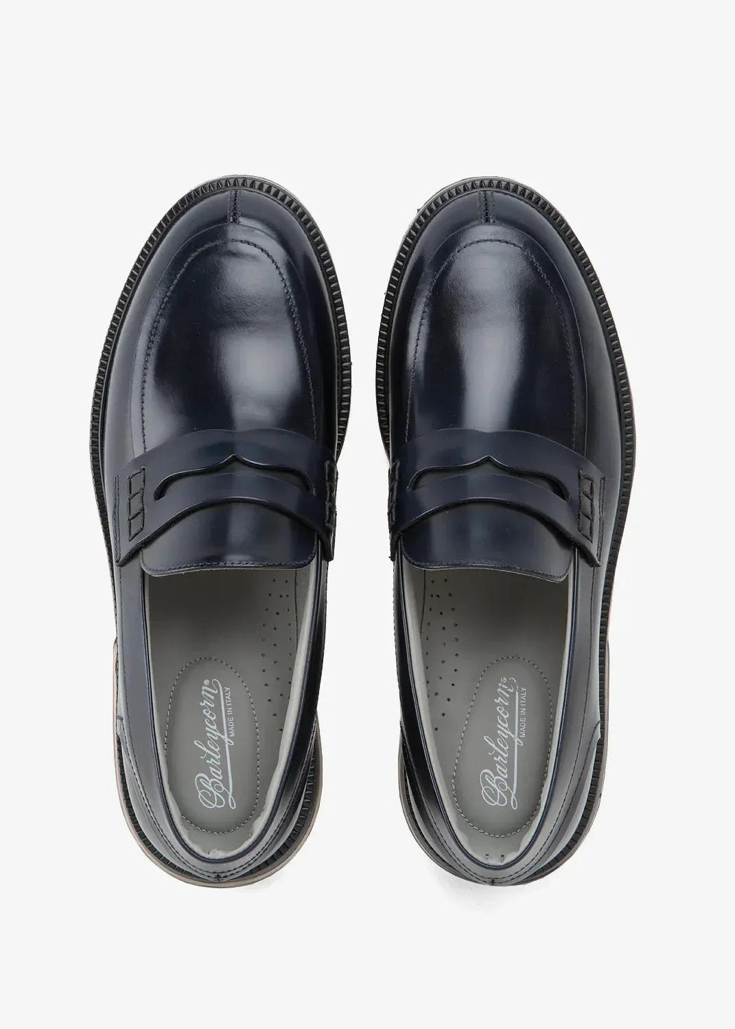 Mocassini uomo in pelle blu, design elegante classico, vista dall'alto su fondo bianco.