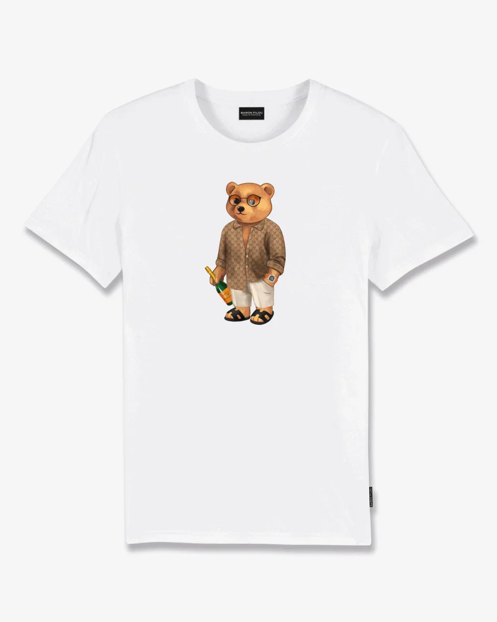 T-shirt bianca con stampa orso elegante, abbigliamento uomo casual, moda estiva