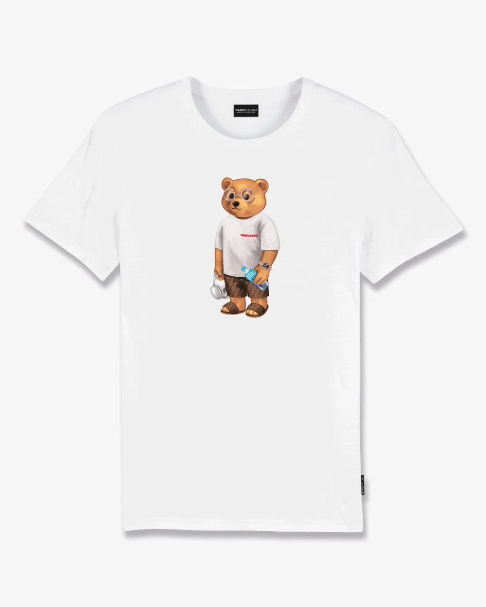 T-shirt bianca uomo con stampa orso cartoon, stile casual, abbigliamento moda estiva