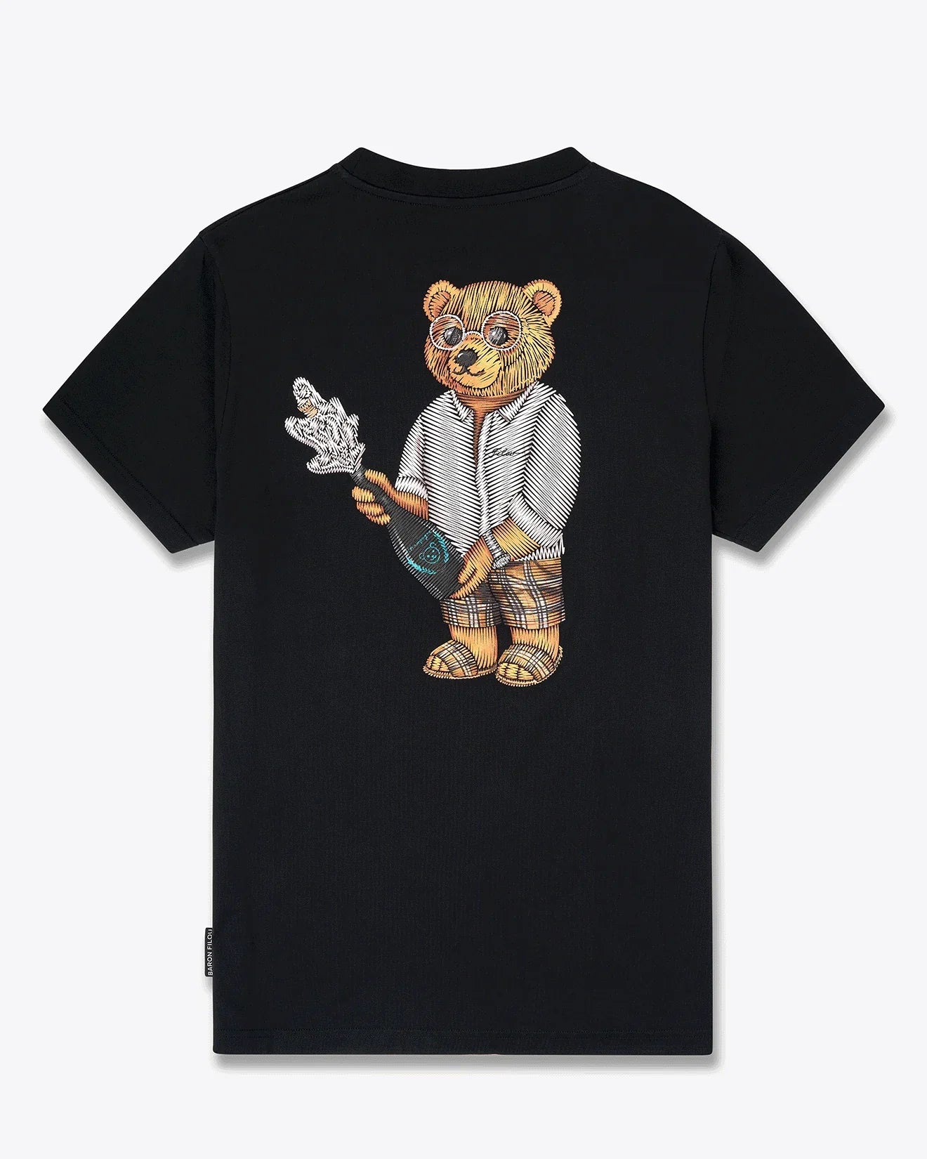 T-shirt nera con grafica orso con occhiali che stappa una bottiglia di champagne sul retro.