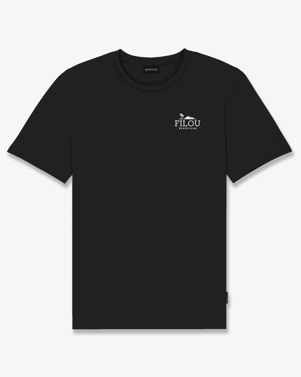 T-shirt nera uomo con scritta Filou Beach Club stampata sul petto, stile casual