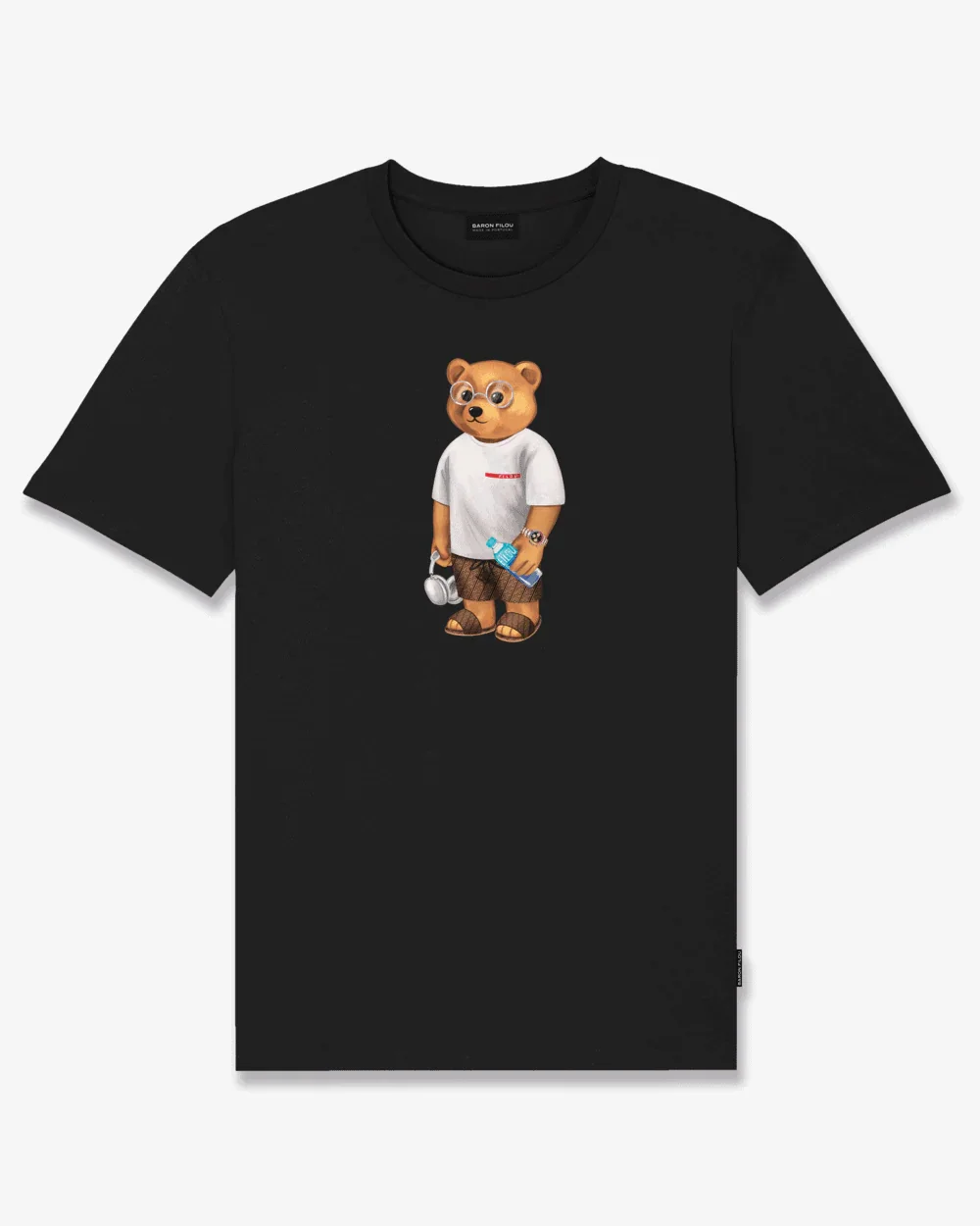 T-shirt nera uomo con stampa orso cartoon, stile casual, moda streetwear
