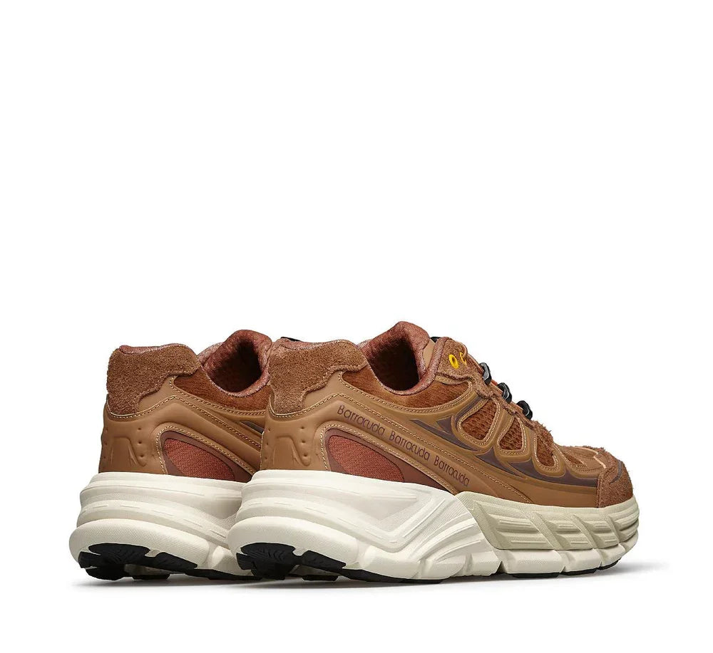 Sneakers uomo color cuoio in pelle e suede con suola chunky bianca, logo Barracuda laterale