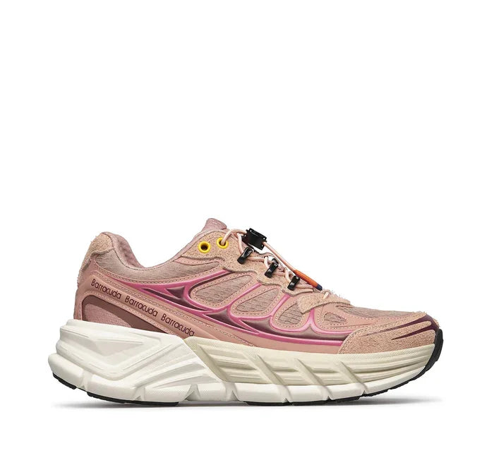 Sneaker uomo rosa e beige con suola chunky bianca, dettagli gialli e scritta Barracuda laterale