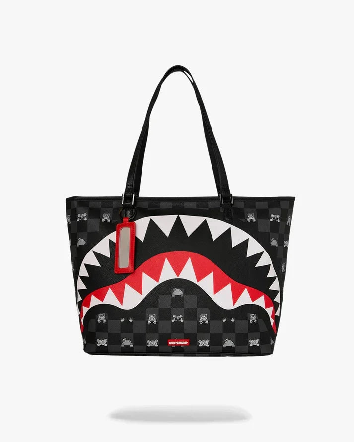 Borsa shopper nera con motivo a scacchi e grafica denti rossi e bianchi, manici lunghi