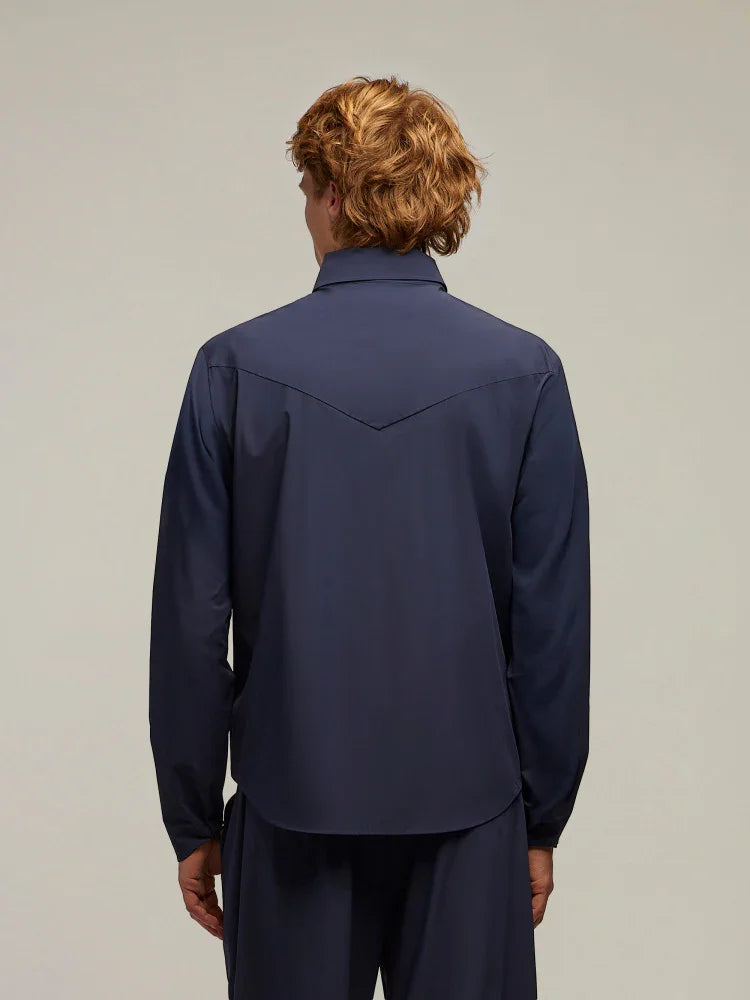 Camicia uomo blu manica lunga vista posteriore, abbigliamento elegante Made in Italy