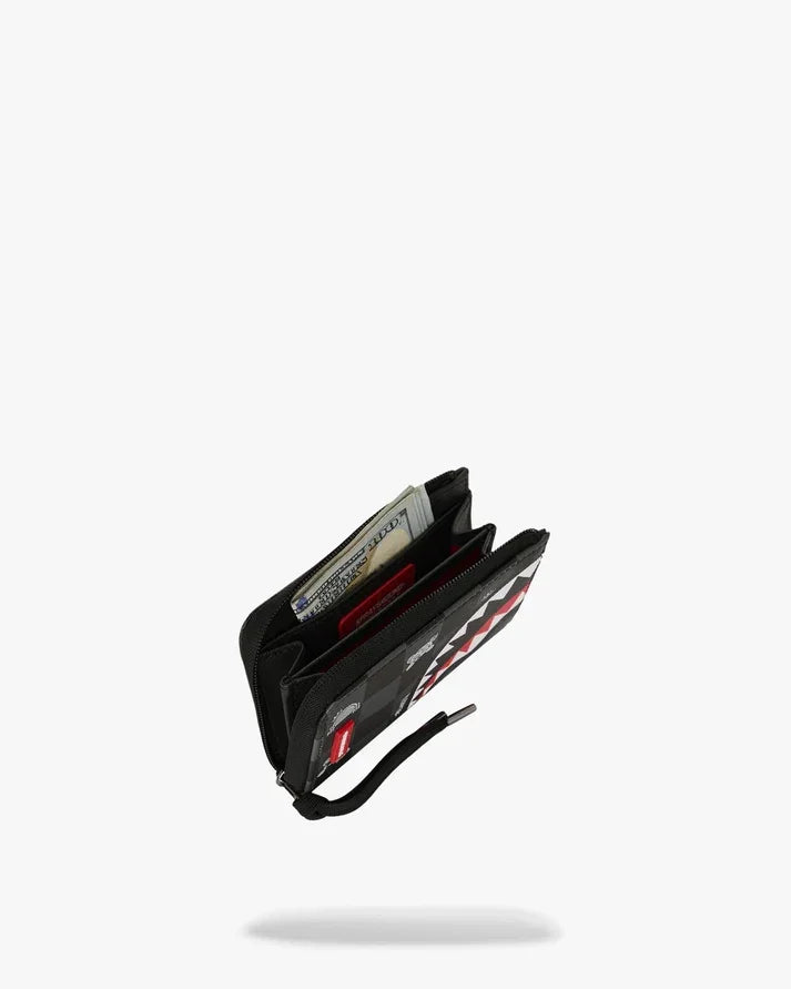 Portafoglio uomo in pelle nera con zip, motivo geometrico e tasche per carte e banconote