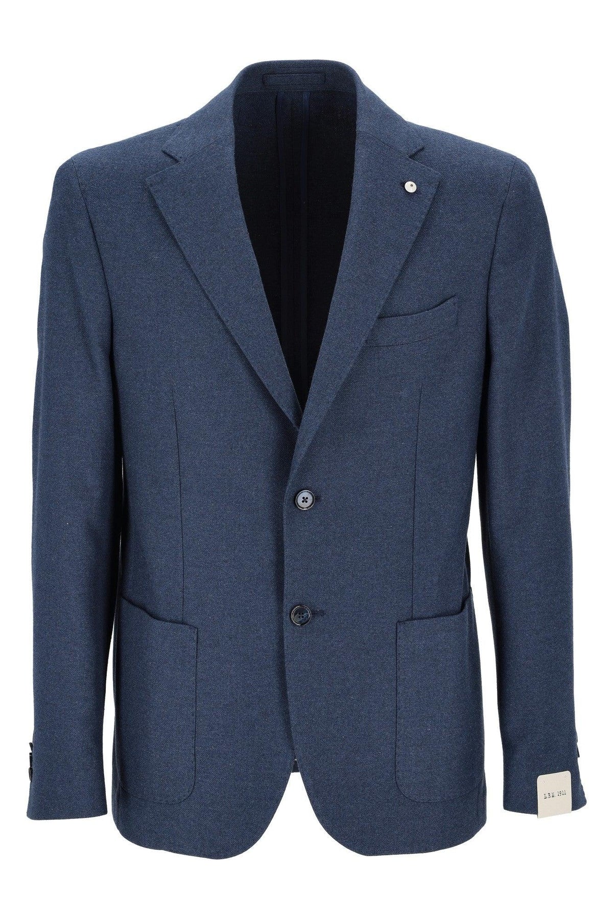 Giacca uomo blu elegante con bottoni, tasca frontale e stile classico.