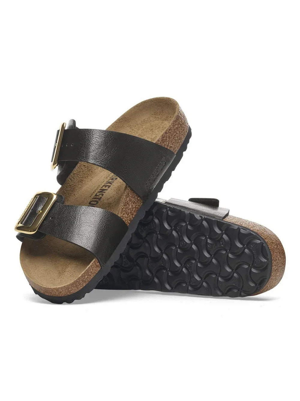 Sandali donna con doppia fascia nera, fibbie dorate e suola anatomica in sughero