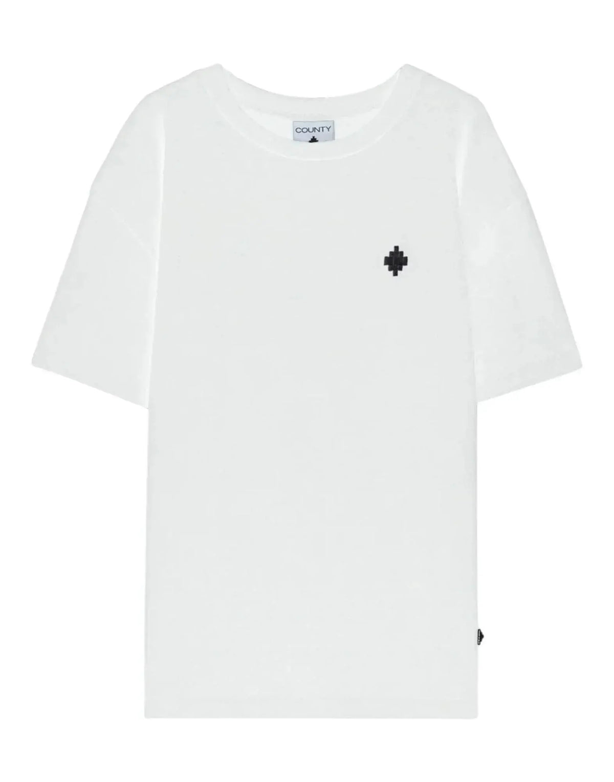 T-shirt bianca uomo con logo nero minimalista lato cuore, stile casual moderno