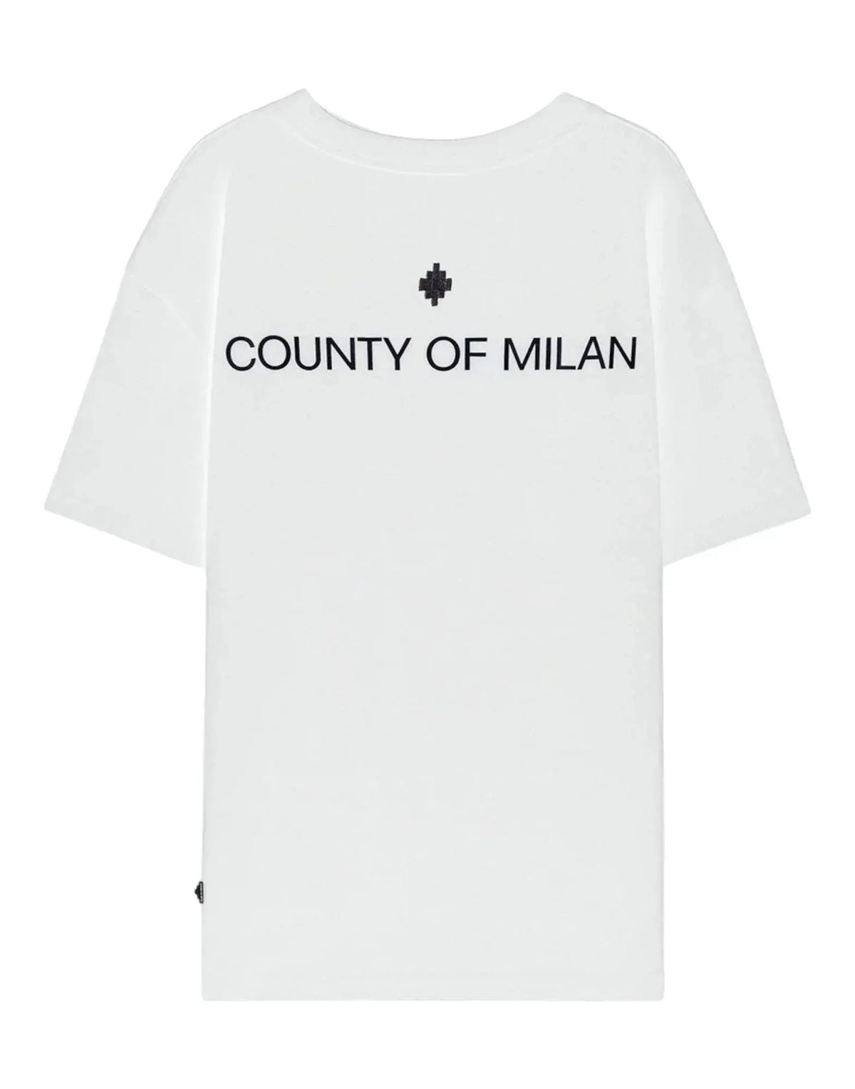 T-shirt bianca uomo girocollo con stampa "County of Milan" nera sul retro, maniche corte.