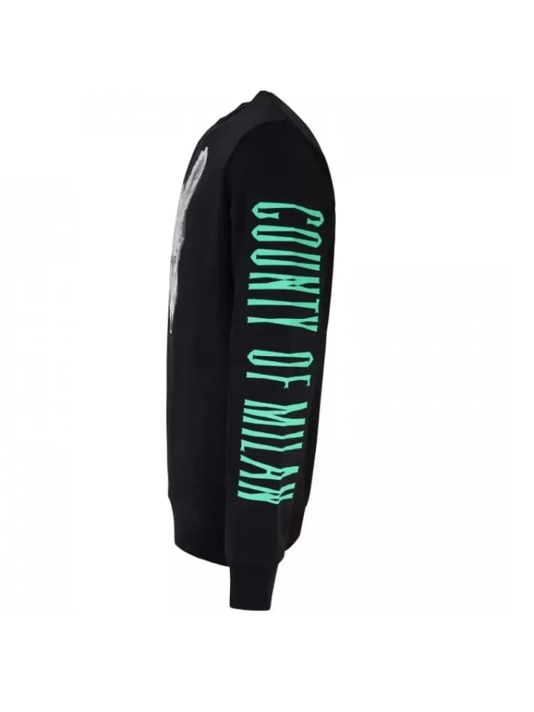 Felpa nera uomo con stampa verde COUNTY OF MILAN sulla manica, stile streetwear
