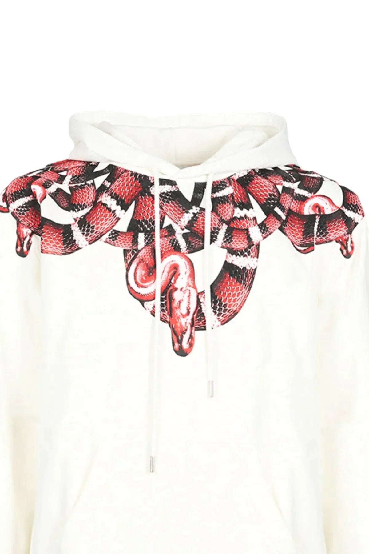 Felpa bianca con cappuccio e stampa serpente rosso e nero sullo scollo, stile streetwear.