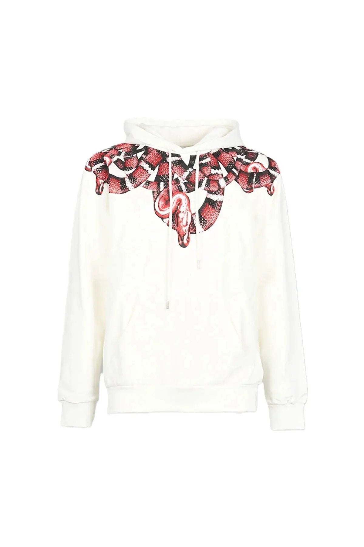Felpa bianca con cappuccio e stampa serpente rosso e nero sulle spalle, moda uomo donna.
