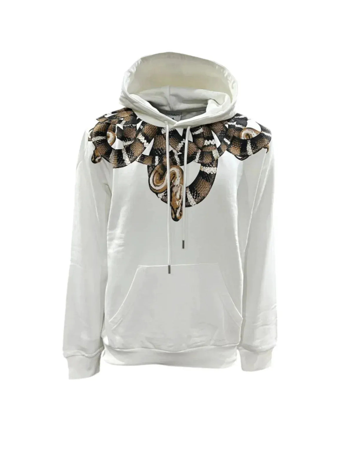 Felpa bianca con cappuccio e stampa serpente oro sul colletto, stile streetwear uomo.